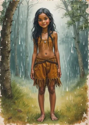 loose watercolour painting on old, crumpled, torn, burnt and mottled paper: 15-year-old athletic Native American girl standing in a forest clearing in the rain, smiling,the girl is standing in the rai