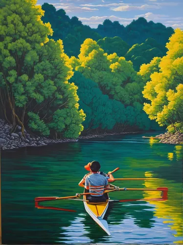 kayaking,kayak,kayaker,kayaks,canoe polo,paddler,canoe,canoeing,sea kayak,girl on the river,row boat,regatta,fishing float,painting technique,rowing,rowers,boat rowing,rower,oil painting on canvas,oil on canvas,Illustration,Japanese style,Japanese Style 12