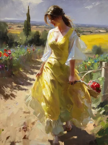 "Висенте Ромеро Редондо (Vicente Romero Redondo), ""The Countryside""",girl picking flowers,girl in the garden,girl in a long dress,woman playing,girl in flowers,yellow garden,picking flowers,woman wa