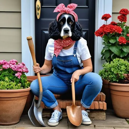 Whimsical middle-aged women, hair in a bun, scarf tied around her head like a headband, in jeans and sneakers and an old shirt, holding a shovel, looking into the camera, flower-pots all around her, a