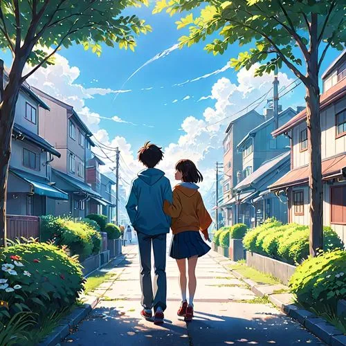 studio ghibli,euphonium,girl and boy outdoor,summer day,neighbourhood,shared apartment,summer sky,summer evening,hiyayakko,boy and girl,darjeeling,neighborhood,violet evergarden,sunny day,blue sky,walk,shirakami-sanchi,spring morning,sidewalk,sky apartment,Anime,Anime,Realistic