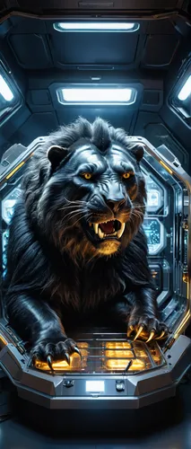 Medical compartment of a starship, fantastic saber-toothed black fluffy, kind, the beast sleeps in a cage, paws bound by electromagnetic circuits on a high-tech table, high-tech scanning systems, high