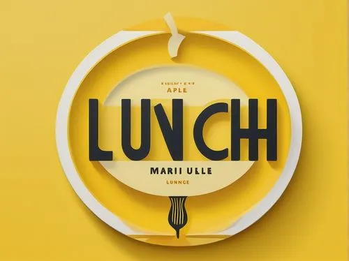 Lunch logo, golden yellow background, circular shape, simple typography, bold font, "LUNCH" text, 3D effect, glossy finish, subtle shadow, centered composition, warm lighting, vibrant colors, fresh fr