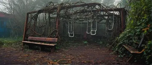 swingset,empty swing,swing set,garden swing,urbex,condemned,carcosa,playset,asylum,arbor,children's playground,lostplace,lost place,horrorland,gallows,haunted forest,playgrounds,forest chapel,abandoned places,wooden swing,Illustration,American Style,American Style 14