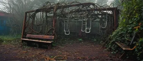 Weirdcore-themed playground, abandoned, rundown, overgrown with vines, twisted metal structures, rusted swings, broken slides, eerie atmosphere, foggy morning, warm lighting, cinematic composition, sh