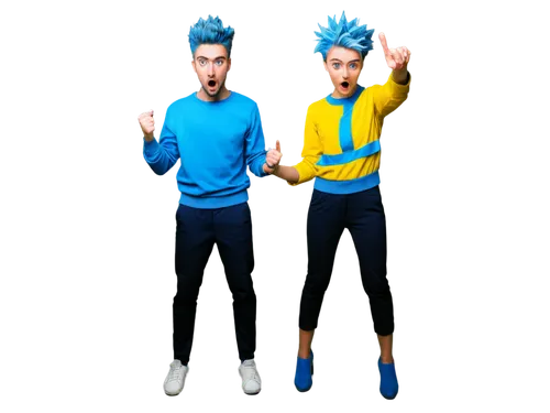 Cartoon character, colorful outfit, exaggerated facial expression, bright blue eyes, spiky hair, vibrant skin tone, dynamic pose, action lines, bold outline, simple background, playful atmosphere, sof