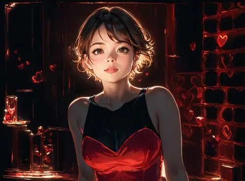 sleeveless heart shaped slipped tube dress, layered short pixie hair, brown, kristin kreuk, sleeveless, low cut cleavage,an animated girl standing near a red vase,minako,cinder,shumeiko,meiko,girl in 