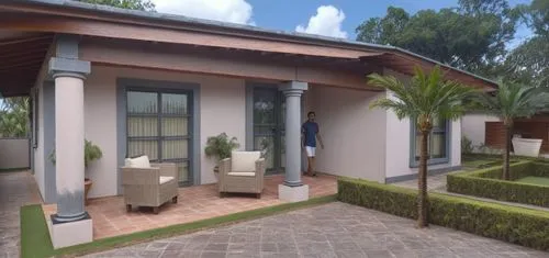 UNA VILLA ESTILO COLONIAL MEXICANO, RODEADA DE VEGETACIÓN EXUBERANTE,there is a man that is standing outside of a house,3d rendering,holiday villa,residencial,verandahs,sketchup,floorplan home,Photogr