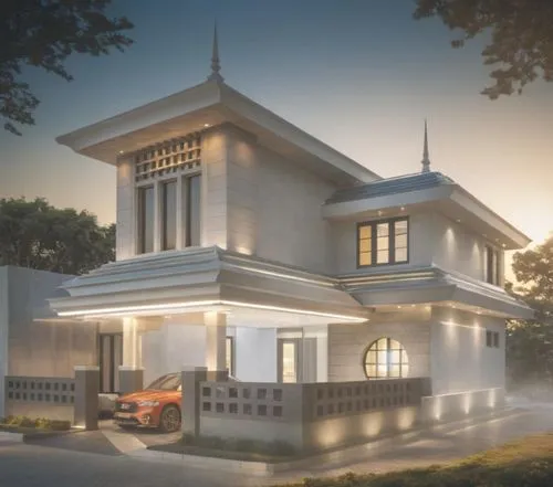 A building,a new car parked in front of a building,residential house,3d rendering,traditional house,kulathuvayal,model house,two story house,bahay,modern house,holiday villa,guruvayur,asian architectu