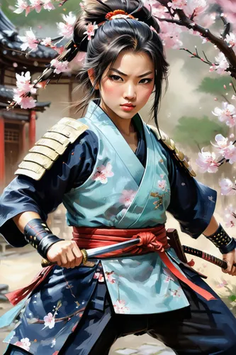 1 girl in Onna-bugeisha costume, buke-no-onna, stot in full samurai gear of the 12th century, weapons... naginata, yari spear, chains and ropes, short kaiken dagger, tanto dagger in her belt, screams,