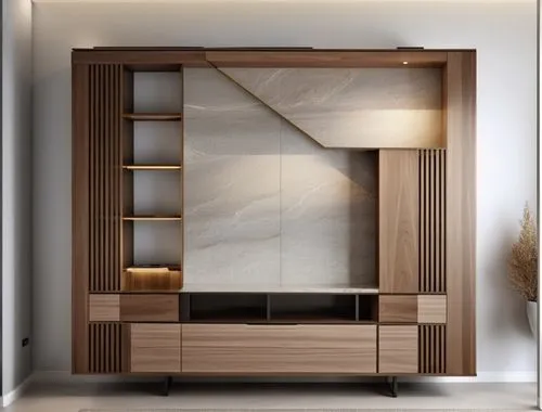 Mueble moderno estilo minimalista con piedra en el centro y los lados con madera nogal,bookcase,tv cabinet,bookcases,minotti,credenza,armoire,highboard,wooden shelf,storage cabinet,bookshelf,bookshelv