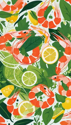 Create a refreshing vegetable prawn salad with a zesty citrus dressing.,fruit pattern,seamless pattern,watermelon pattern,summer pattern,lemon wallpaper,seamless pattern repeat,botanical print,tropica