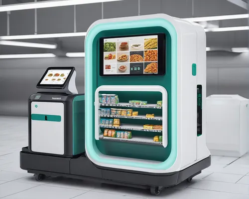 Imagine a futuristic T&T Grocery with advanced technology like self-checkouts and delivery robots.,vending machines,vending machine,vending cart,automated teller machine,soda machine,interactive kiosk