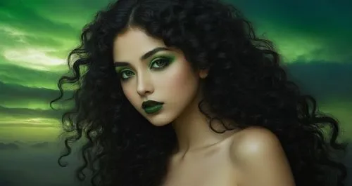 
 nude Beautiful arab girl, full dark curly hair, big green eyes, full black lips, misty sky,a woman with very long dark hair and green eyes,enchantress,gothel,morwen,inanna,green mermaid scale,shego,