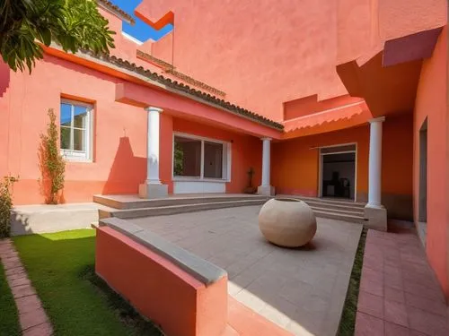 a large orange building with a white sculpture outside,mahdavi,terracotta tiles,courtyard,patio,inside courtyard,patios,Photography,General,Realistic