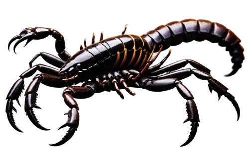 Scorpion, dark brown body, venomous tail, sharp claws, arachnid eyes, detailed texture, shiny exoskeleton, curled up, aggressive posture, low-angle shot, dramatic lighting, shallow depth of field, hig