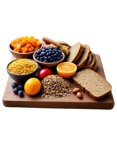 Healthy food, colorful arrangement, fresh fruits, juicy vegetables, whole grain bread, nutritious nuts, seeds, dried fruits, wooden table, warm lighting, 3/4 composition, shallow depth of field, vibra