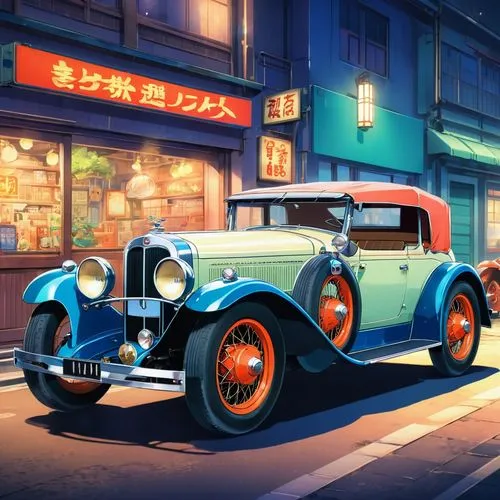 mitsuoka,karafuto,retro car,cartoon car,vintage car,hanashi,Illustration,Japanese style,Japanese Style 03