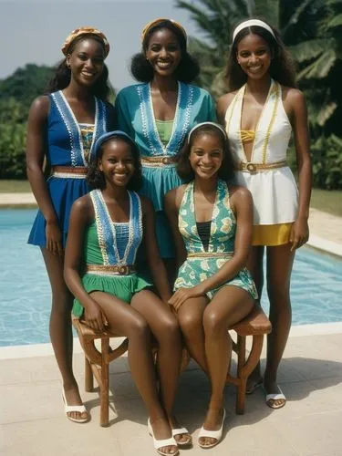 Five girls (smiling) in nostalgic bikinis by the pool.,a family is posing in front of a pool,shirelles,afro american girls,marvelettes,liberians,stewardesses,beautiful african american women,Photograp