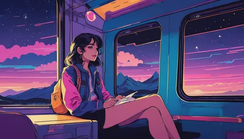 A girl sitting in a train, image, retro, flat, 2.5d, glow, neon landscape, beautiful colorful night sky, stars, simulated color theme, fantasy, line art, ink painting, large ink line, watercolor, goua