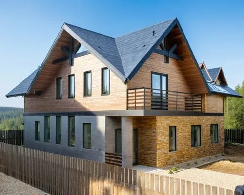 Small modern house surrounded by a forest. The walls are vertical slats. Black roof.,a modern wood home with wooden fencing and brown brick walls,timber house,wooden house,modern house,passivhaus,weat