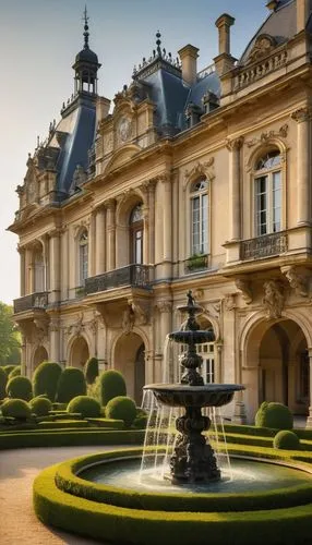 Renaissance French architecture, grand palace, ornate facade, intricate stone carvings, symmetrical composition, elegant arches, Corinthian columns, rusticated quoins, steeply pitched roofs, dormer wi