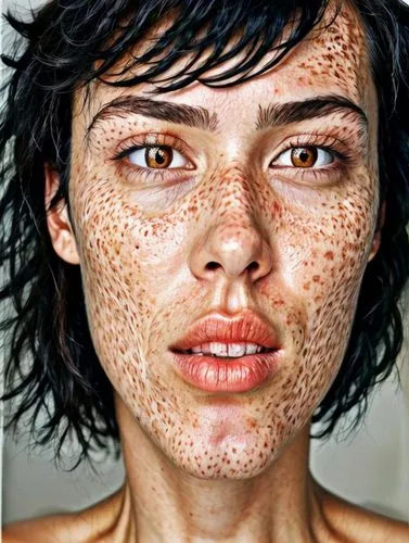 Face, neck and shoulders of an average woman from Germany,a woman with freckles on her face, her freckled skin is brown and black,vitiligo,shanina,freckled,hyperpigmentation,freckles,beauty face skin