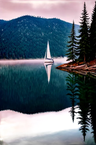 boat landscape,sailing boat,sailboat,sail boat,trillium lake,calm water,evening lake,floating over lake,reflection in water,mountainlake,calm waters,mountain lake,twilight on jenny lake,water reflection,high mountain lake,reflexed,reflections in water,alpine lake,forest lake,lake,Illustration,American Style,American Style 12