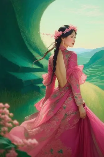 an elegant asian lady, wearing a deep pink cherry backless flowy dress, the background of beautiful deep emerald terraced fields,an artist has done an amazing painting of a woman in pink,anarkali,flam