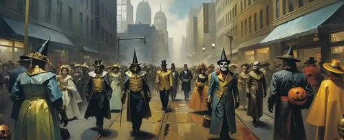 masterpiece oil color painting of A cinematic parade filled with people dressed in extravagant Halloween costumes. The parade route winds through a bustling city, with towering buildings and vibrant s