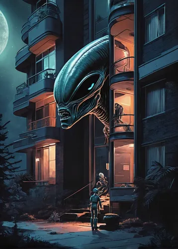 Write a suspenseful story where an unexpected visitor arrives at an apartment building late at night.,ufo,ufos,sci fiction illustration,extraterrestrial life,aliens,alien invasion,alien,extraterrestri