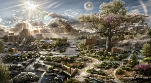 aurora village,terraforming,post-apocalyptic landscape,permaculture,fantasy city,virtual landscape,urbanization,utopian,futuristic landscape,smart city,the disneyland resort,post-apocalypse,landscape designers sydney,concept art,human settlement,alpine village,escher village,post apocalyptic,landscape design sydney,greenhouse effect