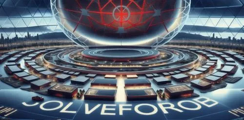 Red, grey, map of the world, with the city in the background,an auditorium is shown with the wordsollverofod written in a red and blue circle,volvox,volvos,ovf,vetrov,vorobiov,volturi