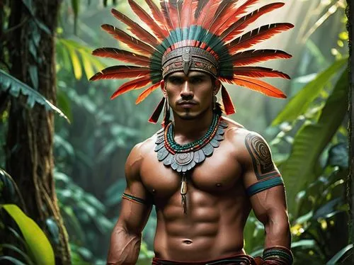 Mayan warrior, muscular man, ancient civilization, traditional headdress, feather accessories, strong facial features, bold eyes, proud expression, intricate tattoos on chest, arms, and legs, colorful