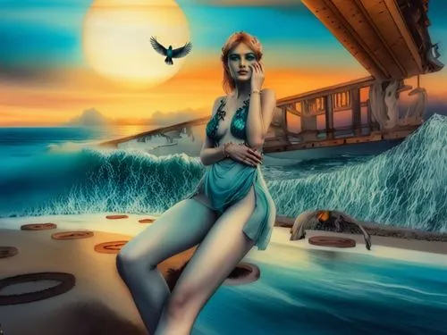 beautiful nude female 35 45 from brazil infront of the sea wave and amazing sunset flying bird above ,a painting of a  girl in front of an ocean scene,stiltsville,amphitrite,fantasy picture,world digi