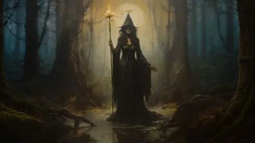 a wizard with a candle stands on a path through the woods,hecate,hekate,druidry,druidic,sorceress,magick