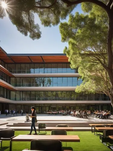 Stanford University, architectural design school, modern building, glass facade, steel structure, minimalist interior, lecture hall, wooden chairs, professor standing, students sitting, taking notes, 