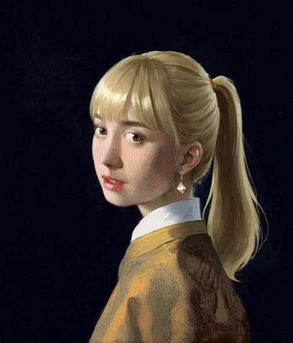 Blonde hair with bangs over the forehead and ponytail,a portrait of a blonde girl with a bun in her hair,portrait of a girl,girl portrait,nanako,tarmugi,kisling,khnopff