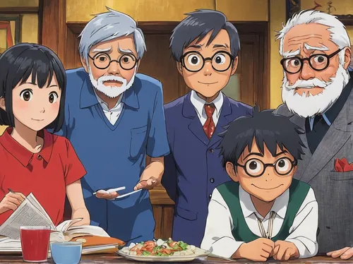 studio ghibli,detective conan,anime cartoon,tsumugi kotobuki k-on,anime 3d,izakaya,evangelion,nori,japanese restaurant,my hero academia,2d,herring family,family dinner,azusa nakano k-on,iron blooded orphans,a family harmony,aonori,diverse family,iris family,happy family,Illustration,Japanese style,Japanese Style 14