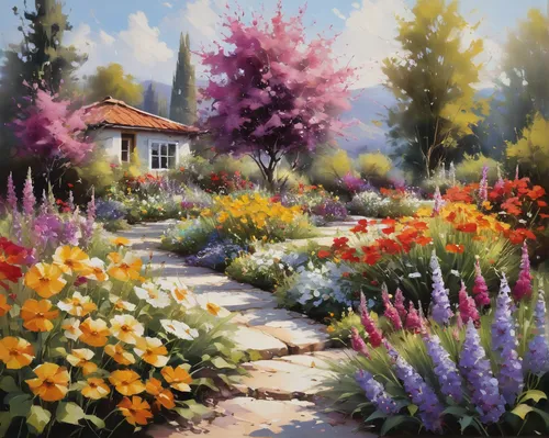 cottage garden,flower garden,flower painting,home landscape,splendor of flowers,meadow in pastel,summer cottage,garden flowers,yellow garden,spring garden,blanket of flowers,nature garden,gardens,springtime background,summer flowers,sea of flowers,flower bed,english garden,summer border,flower meadow,Conceptual Art,Oil color,Oil Color 09