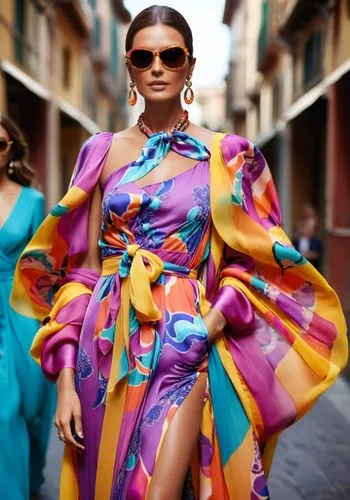 Fashion show ,a woman wearing a colorful dress and sun glasses,caftans,siriano,caftan,fashion dolls,kaftans,kaftan,Photography,General,Cinematic