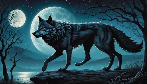 Imagine a skinwalker transforming into a wolf under the full moon's light, capturing the intense thrill of their shapeshifting abilities.,howling wolf,constellation wolf,werewolf,werewolves,wolfdog,gr