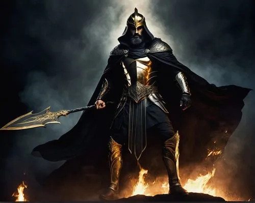 Hades, god of underworld, masculine, strong jawline, piercing eyes, dark hair, beard, black cloak, golden armor, helmet, spear, powerful legs, standing, dramatic pose, dark background, misty atmospher