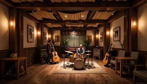 Intimate live music venue, rustic wooden stage, vintage microphones, drum sets, guitars, soundproofing materials, acoustic panels, diffusers, bass traps, fabric-wrapped walls, ambient lighting, cozy s