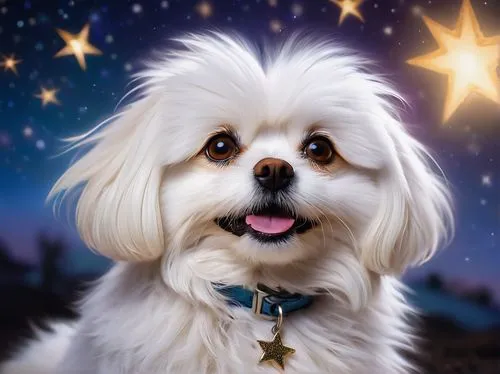 havanese,shih tzu,dog illustration,maltese,huichon,pet portrait,dogstar,bascomb,star sky,pekinese,starbright,dog angel,starlit,star,dog drawing,cheerful dog,starry,starmaker,starry sky,twinkle,Illustration,Retro,Retro 04