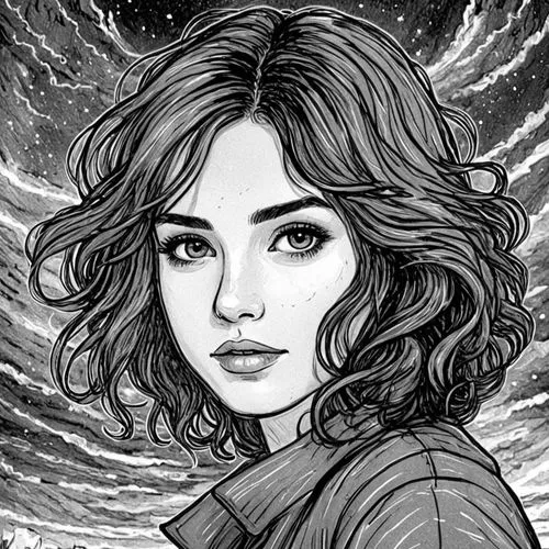 a woman standing on top of a field in the night,clementine,seregil,eldena,sci fiction illustration,winona,manara,Design Sketch,Design Sketch,Black and white Comic