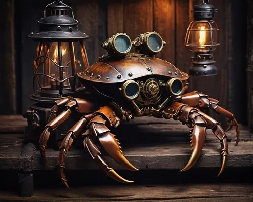 Steampunk crab, mechanical claws, copper-plated shell, intricate gears, steam-powered legs, vintage goggles, worn leather straps, rusty metal accents, distressed wooden dock, old-fashioned lanterns, m