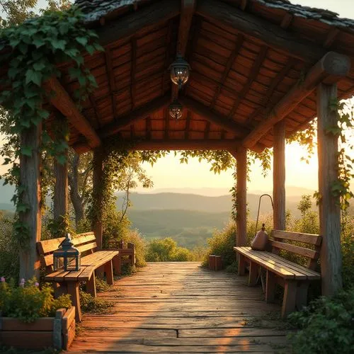 roof landscape,home landscape,garden bench,summer evening,summer cottage,pergola,landscape background,evening atmosphere,wooden path,porch,gazebo,front porch,wooden bench,cottage,terrace,teahouse,pathway,walkway,seclude,countryside,Photography,General,Realistic