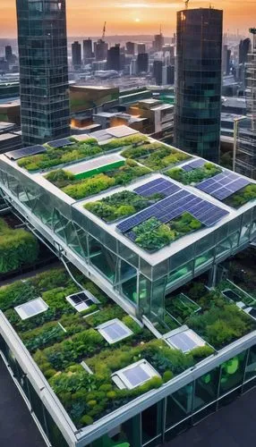 Futuristic, eco-friendly recycling center, modern industrial architecture, steel beams, glass facade, solar panels, green roofs, urban skyscraper background, cityscape at dusk, soft warm lighting, ref