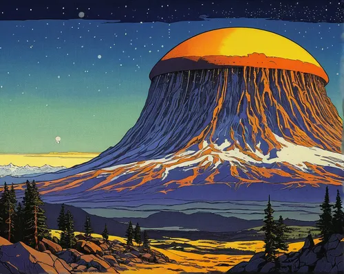 half-dome,stratovolcano,lava dome,the volcano avachinsky,mount hood,cinder cone,mushroom landscape,volcano,volcanic landscape,kamchatka,mt hood,volcanism,volcanos,koryaksky volcano,volcanoes,rainier,fire mountain,mushroom island,mountain sunrise,salt mountain,Illustration,Retro,Retro 11